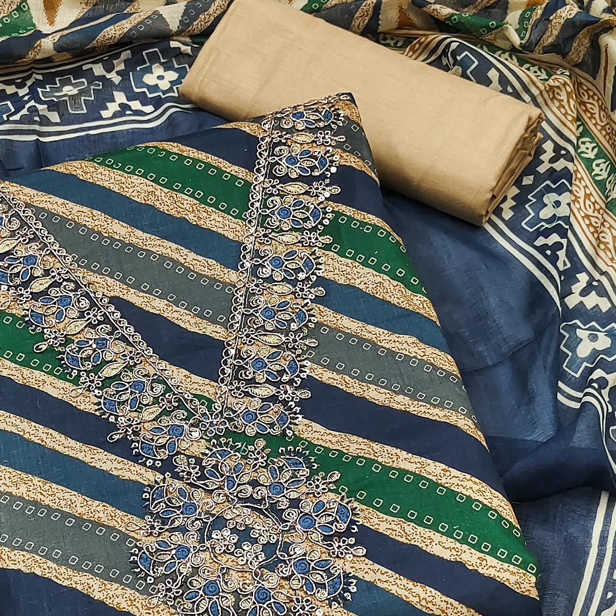 Navy Blue Striped Printed With Embroidery Pure Cotton Dress Material
