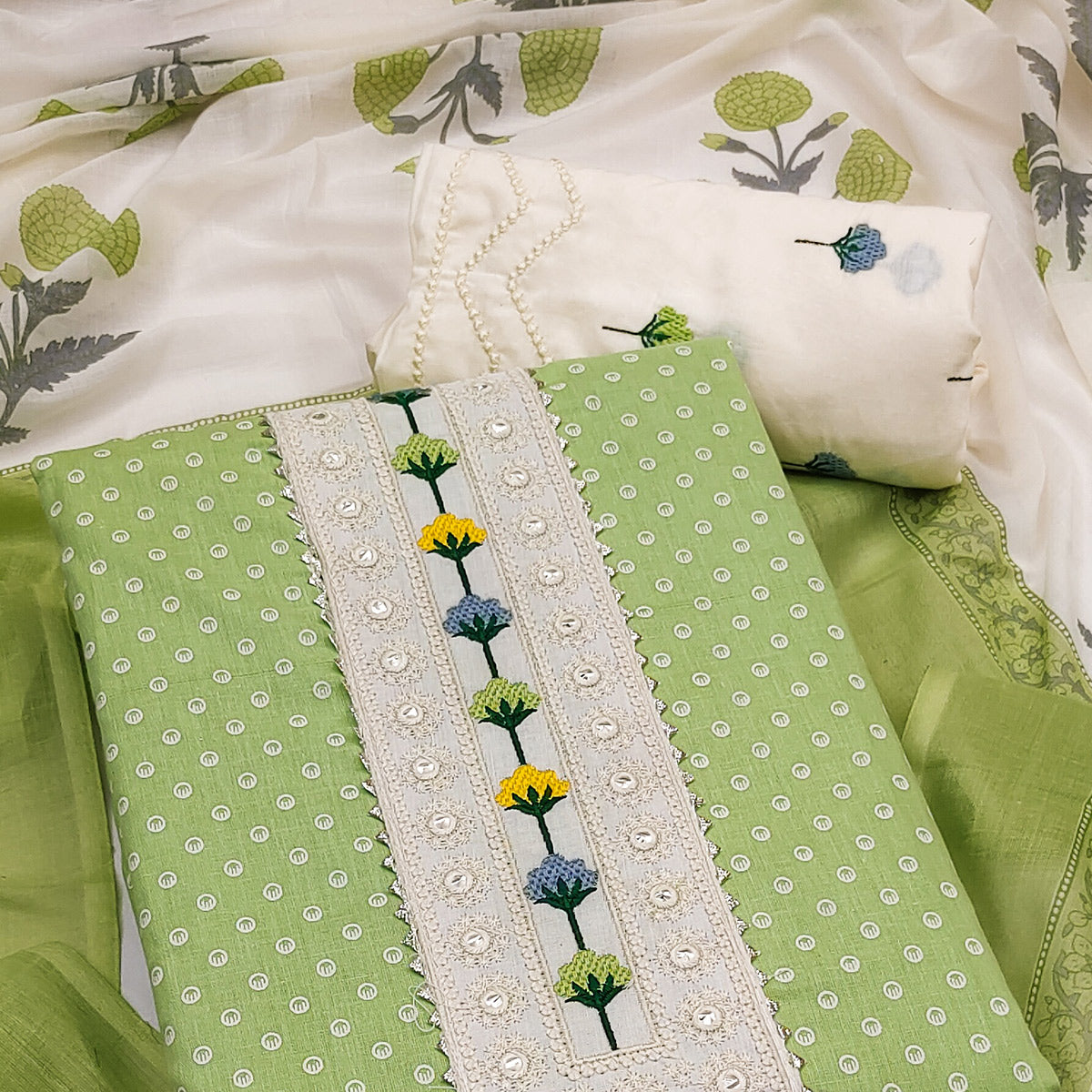 Green Pure Cotton Dress Material with Timeless Polka Design Print Artistry