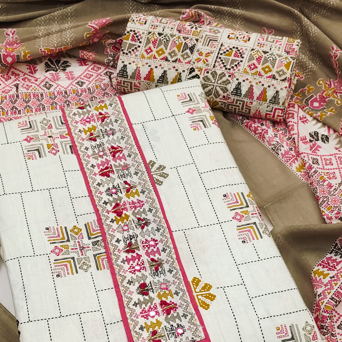 Soft Pure Cotton Dress Fabric in Off White with Modern Geometric Patterns