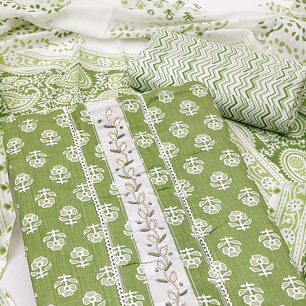 Green Floral Printed Pure Cotton Dress Material With Elegant Neck Embroidery