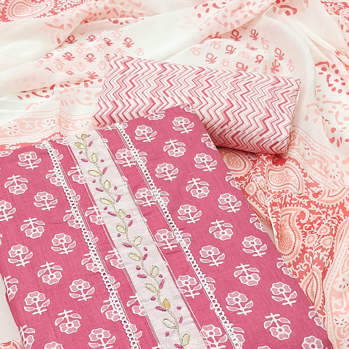Pink Floral Printed Pure Cotton Dress Material With Elegant Neck Embroidery