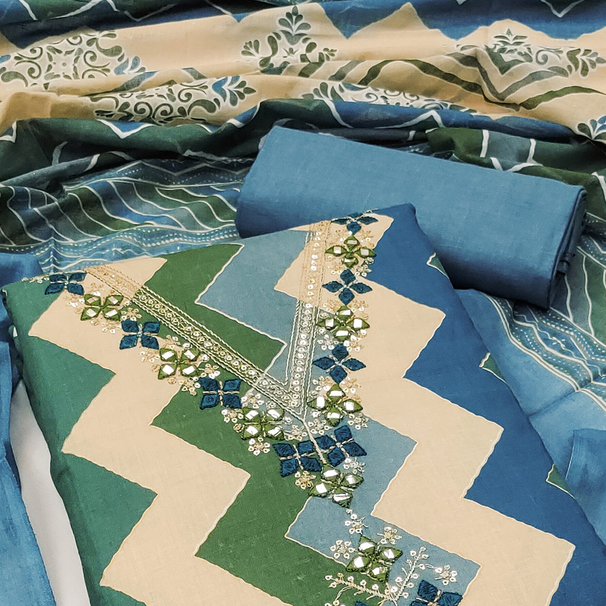 Blue Zig Zag Printed Pure Cotton Dress Material With Intricate Sequins Embroidery