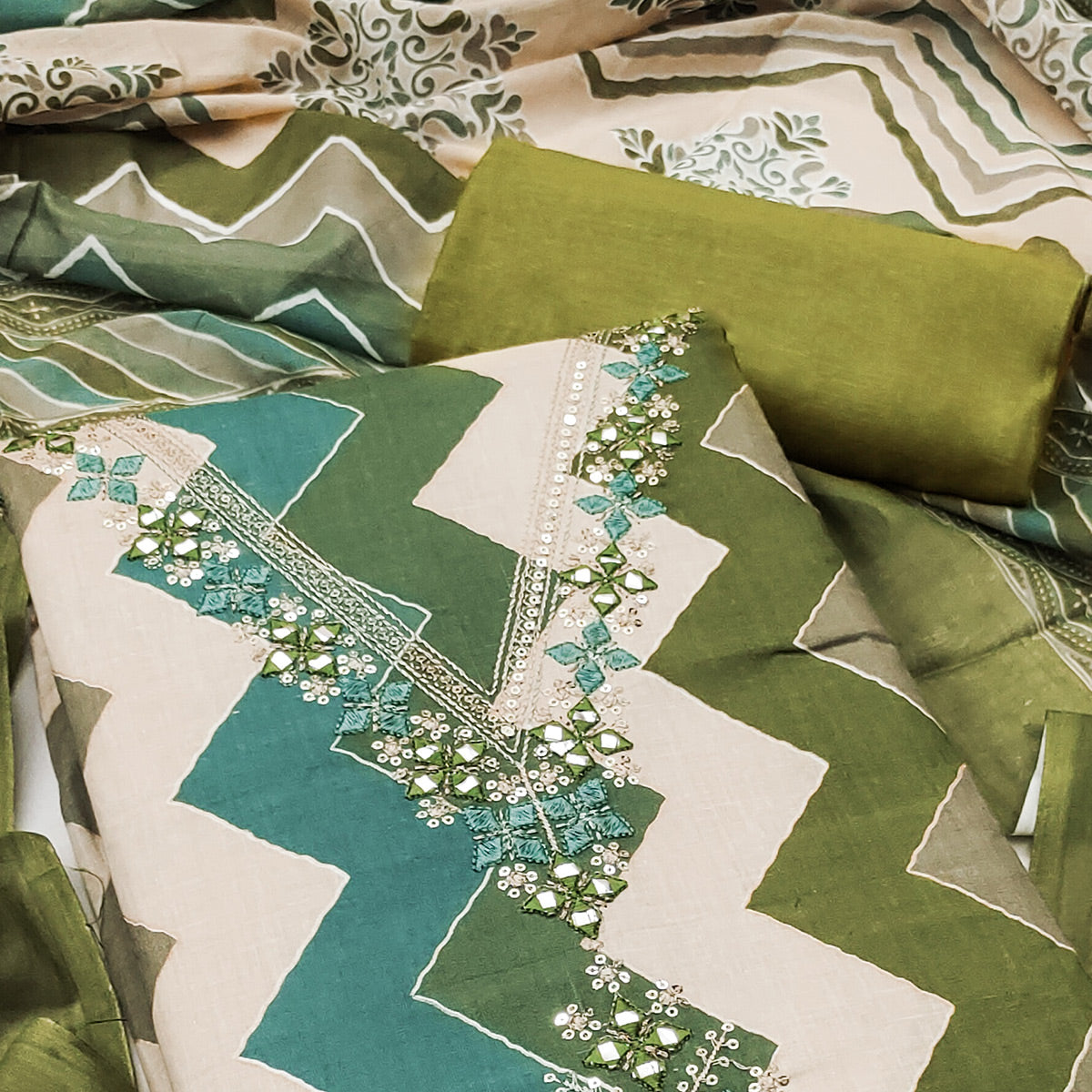 Green Zig Zag Printed Pure Cotton Dress Material With Intricate Sequins Embroidery