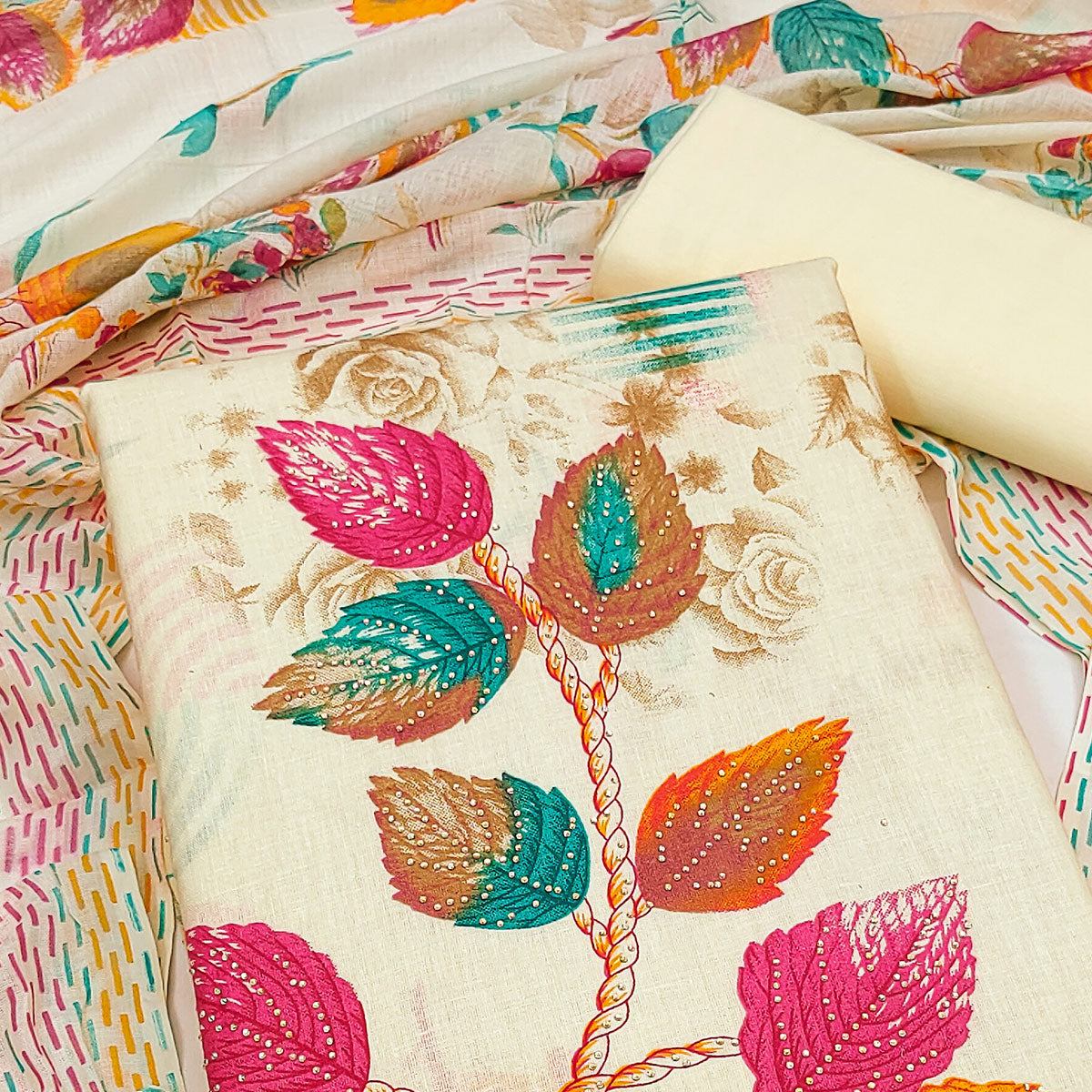 Cream Pure Cotton Suit Material Featuring Floral Patterns and Sparkling Stone Detailing