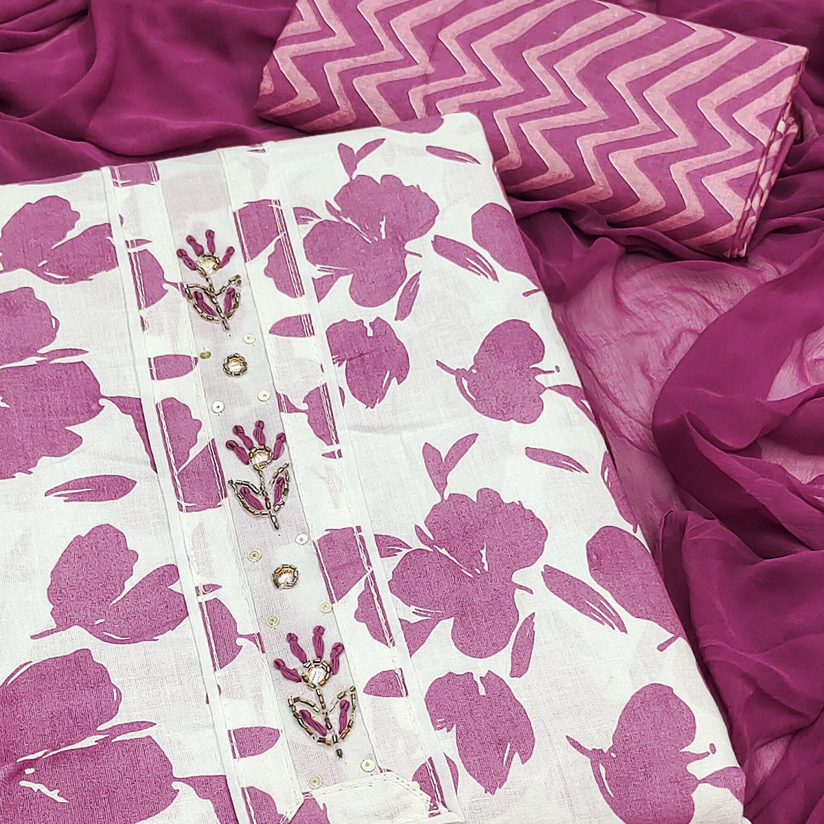 White Base Pure Cotton Dress Material Accented with Beautiful Purple Florals