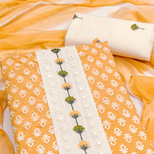 Floral Printed Pure Cotton Dress Material in Radiant Orange Tone