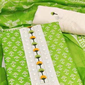 Floral Printed Pure Cotton Dress Material in Radiant Parrot Green Tone