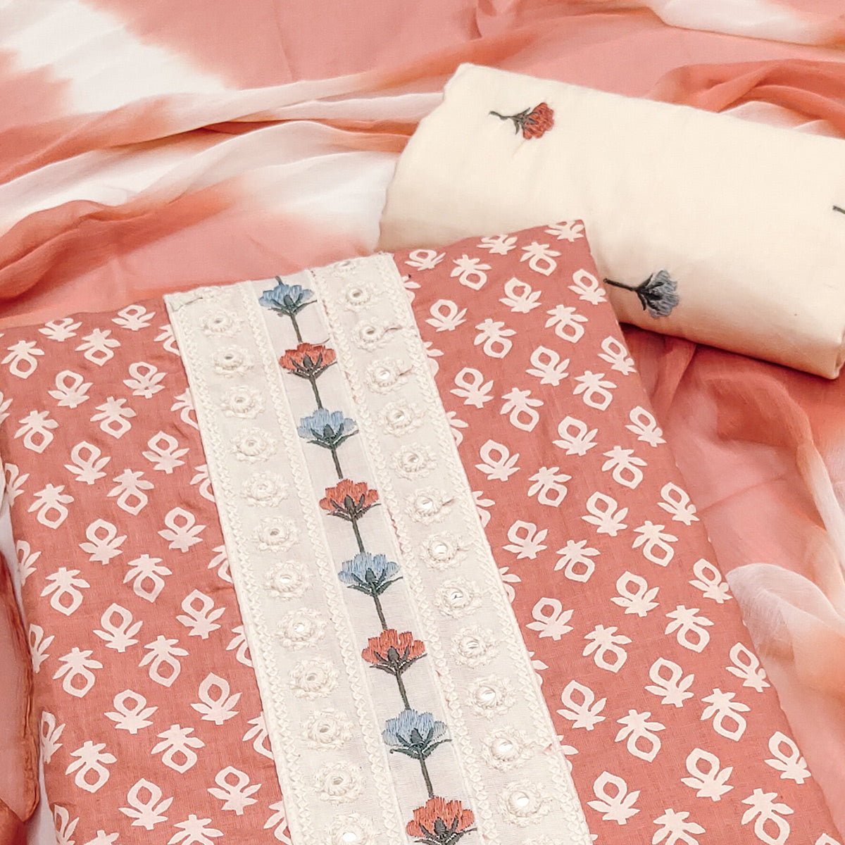 Floral Printed Pure Cotton Dress Material in Radiant Peach Tone