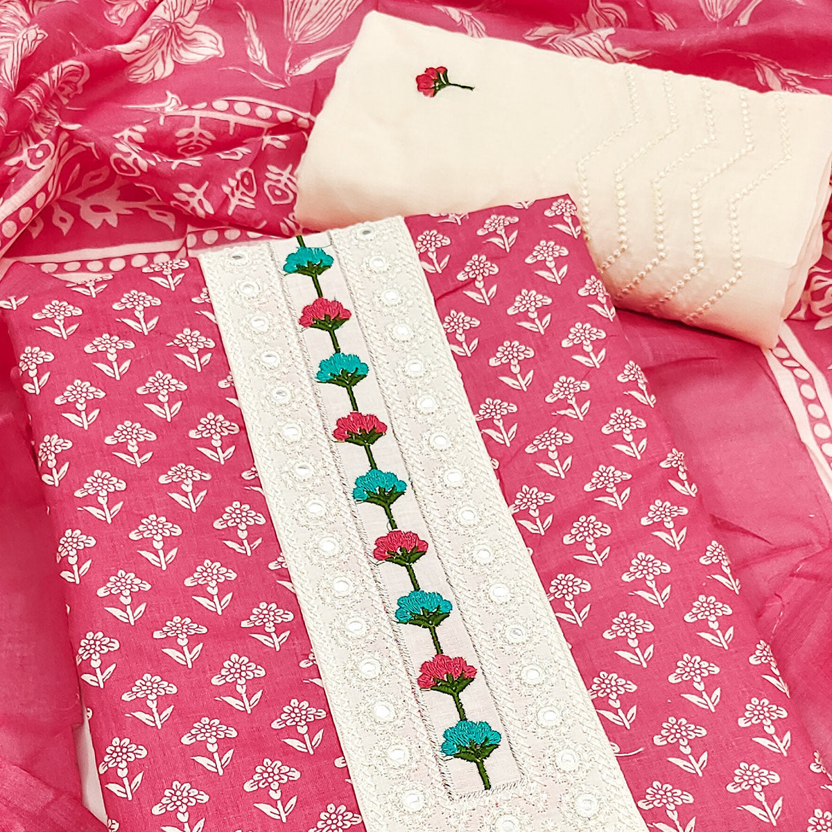 Floral Printed Pure Cotton Dress Material in Radiant Pink Tone