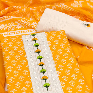 Floral Printed Pure Cotton Dress Material in Radiant Yellow Tone