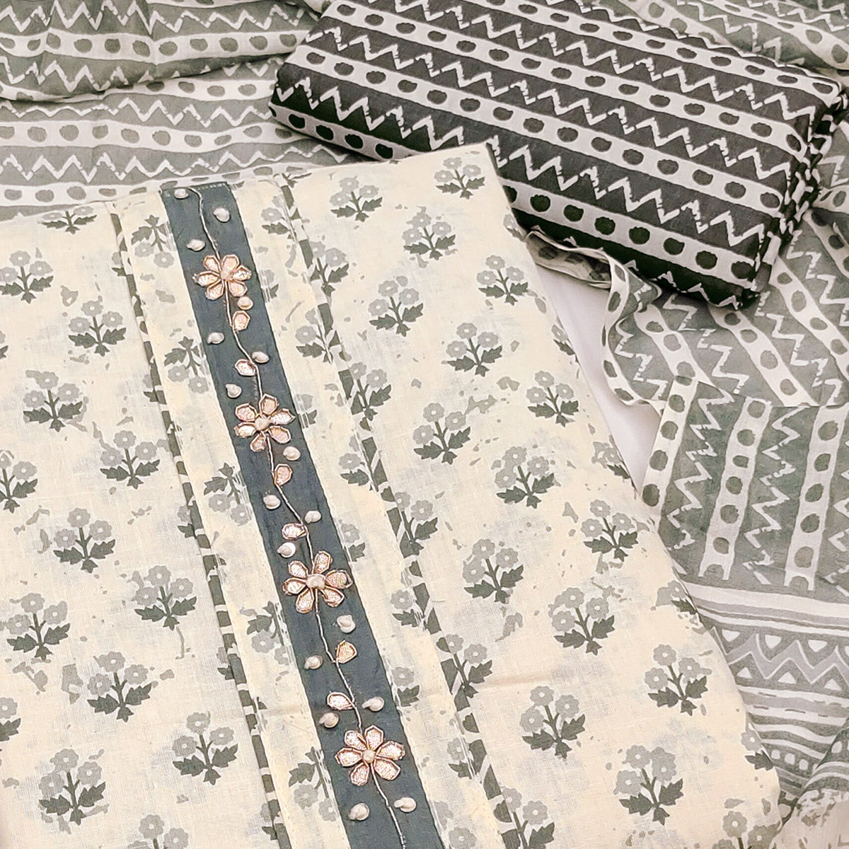 Grey Cotton Suit Material Enhanced with Soft Floral Prints