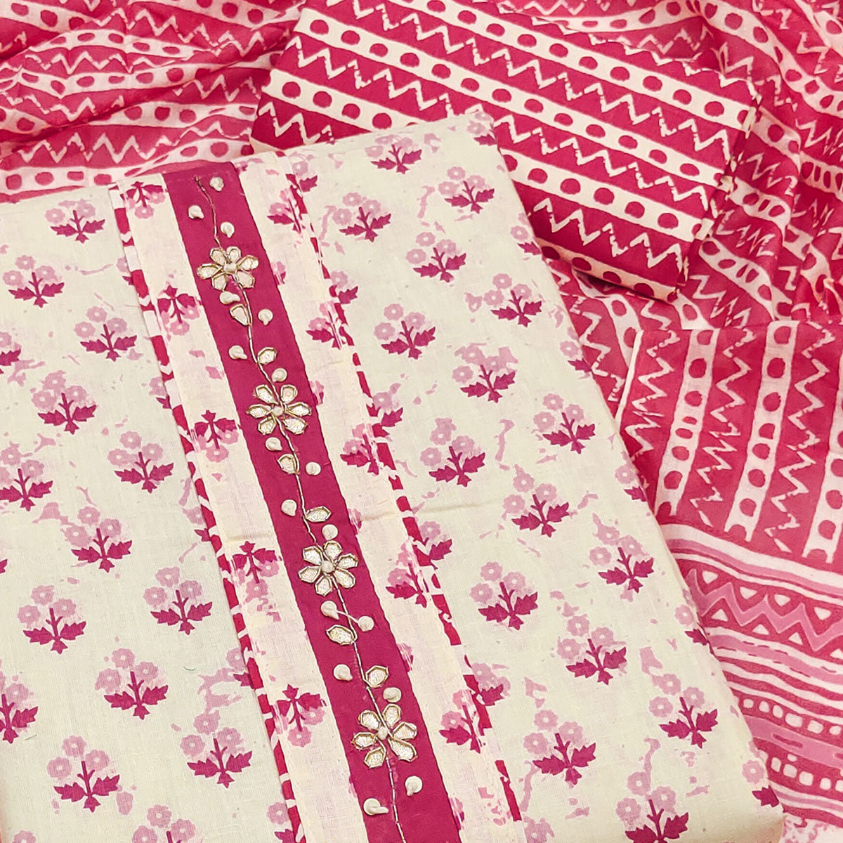 Pink Cotton Suit Material Enhanced with Soft Floral Prints