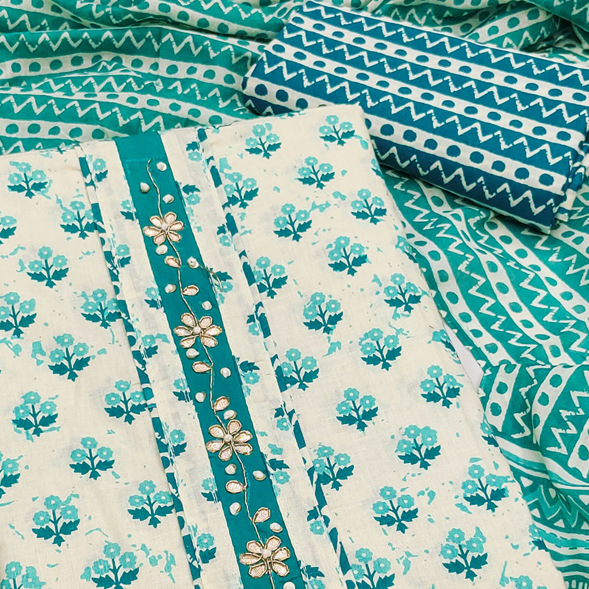 Turquoise Cotton Suit Material Enhanced with Soft Floral Prints