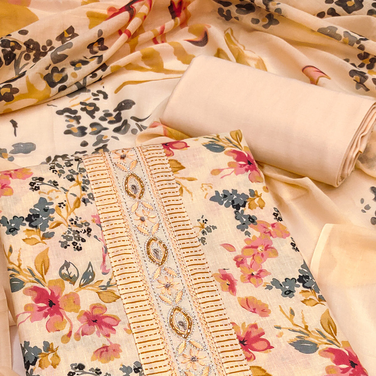 Soft Pure Cotton Dress Material in Fresh Peach with Floral Pattern