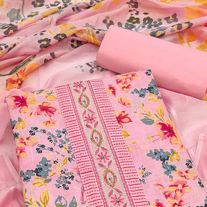 Soft Pure Cotton Dress Material in Fresh Pink with Floral Pattern