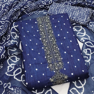 Blue Pure Cotton Dress Material Showcasing Floral & Bandhani Prints With Elegant Neck Embroidery