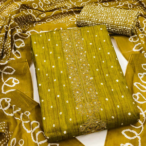 Dark Mustard Pure Cotton Dress Material Showcasing Floral & Bandhani Prints With Neck Embroidery