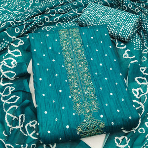 Teal Pure Cotton Dress Material Showcasing Floral & Bandhani Prints With Elegant Neck Embroidery