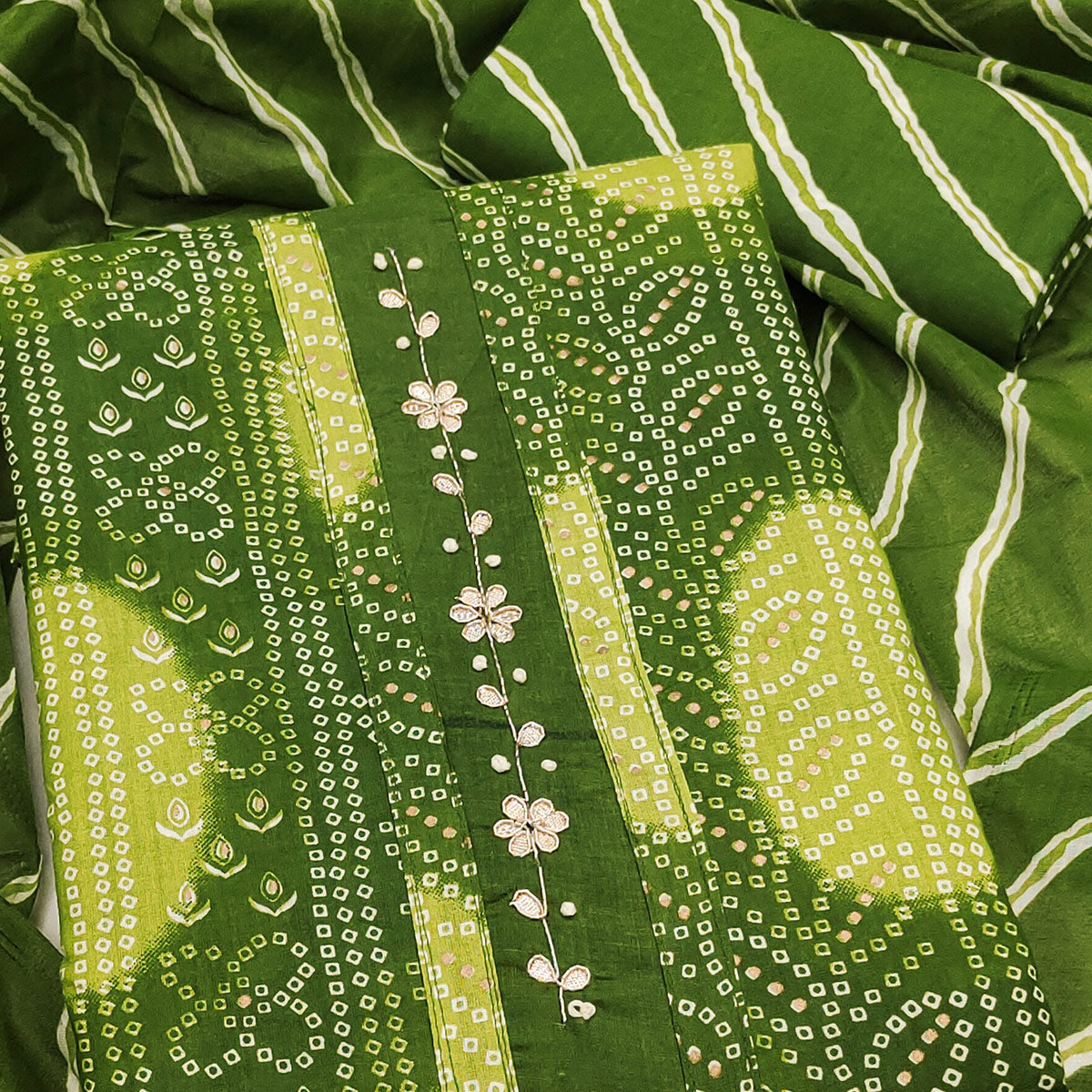 Green Pure Cotton Dress Material Adorned with Bandhani Print & Artistic Floral Handwork Detailing
