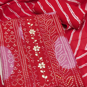 Pink Pure Cotton Dress Material Adorned with Bandhani Print & Artistic Floral Handwork Detailing