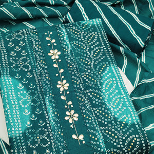 Teal Pure Cotton Dress Material Adorned with Bandhani Print & Artistic Floral Handwork Detailing