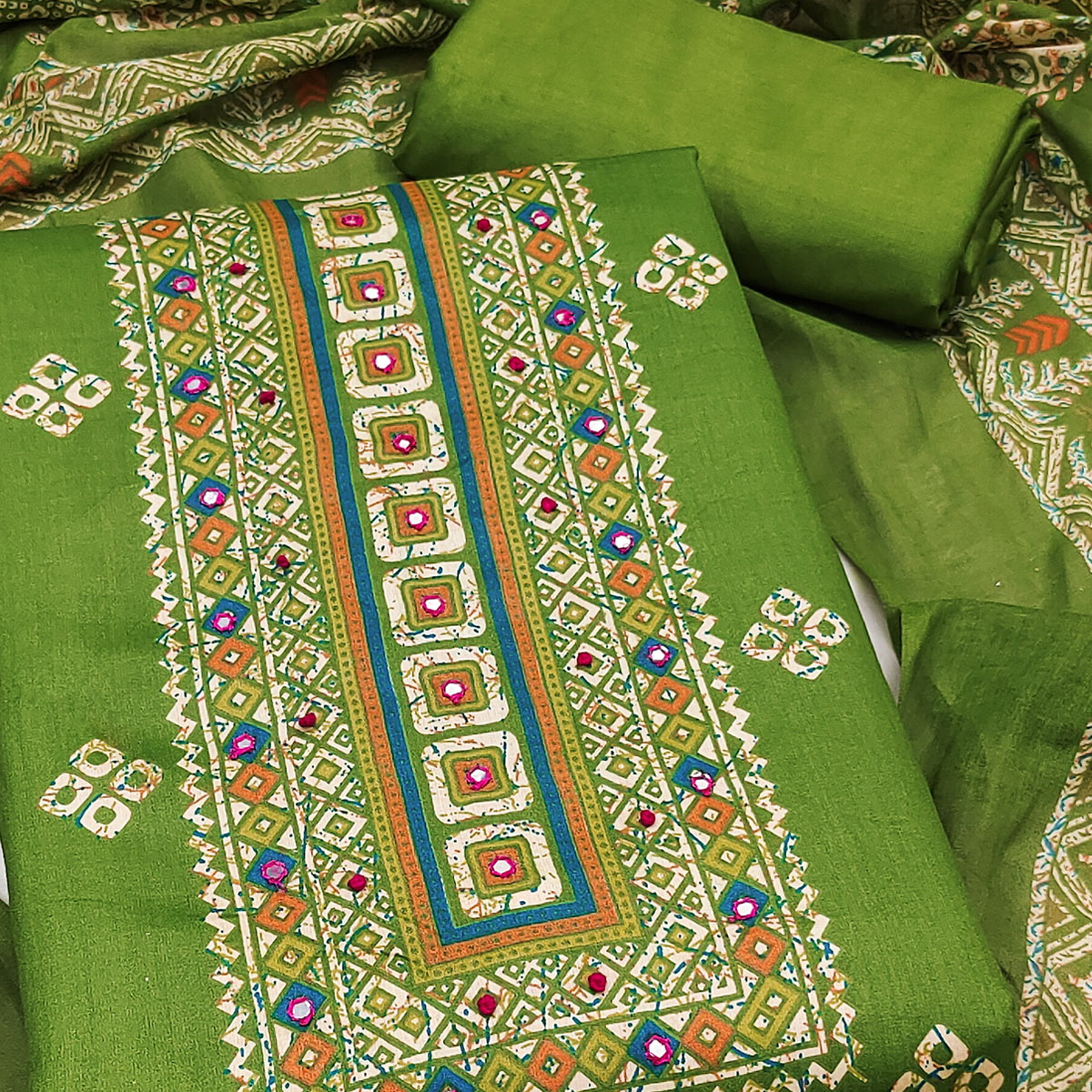 Graceful Green Floral Printed Pure Cotton Dress Material With Elegant Neck Embroidery Work