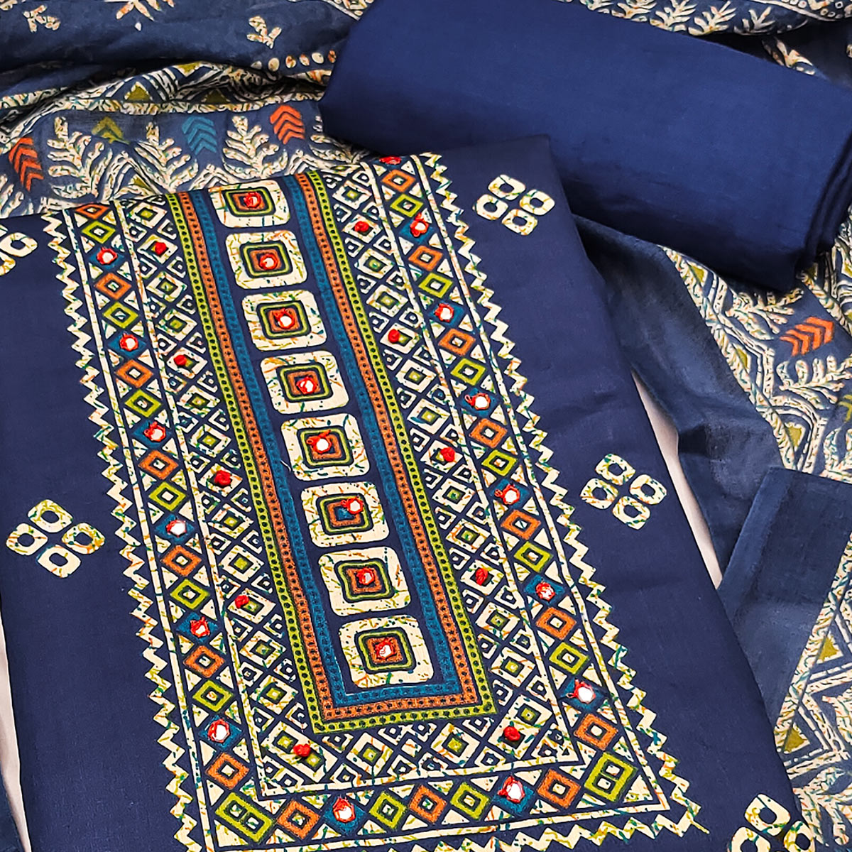 Graceful Navy Blue Floral Printed Pure Cotton Dress Material With Elegant Neck Embroidery Work