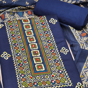 Graceful Navy Blue Floral Printed Pure Cotton Dress Material With Elegant Neck Embroidery Work