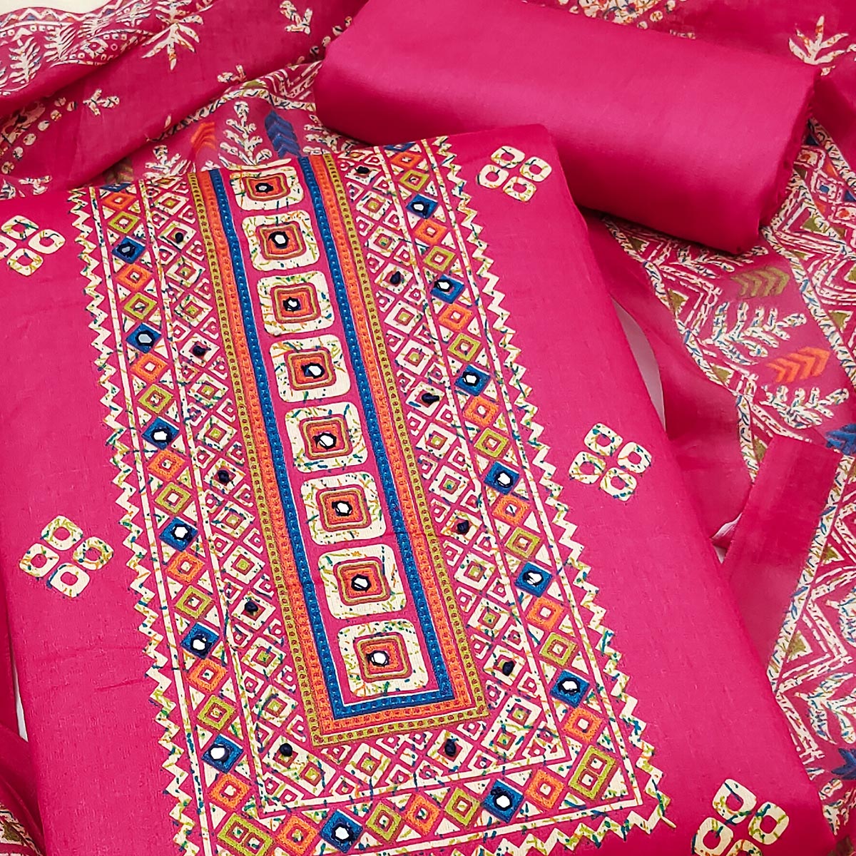 Graceful Rani Pink Floral Printed Pure Cotton Dress Material With Elegant Neck Embroidery Work