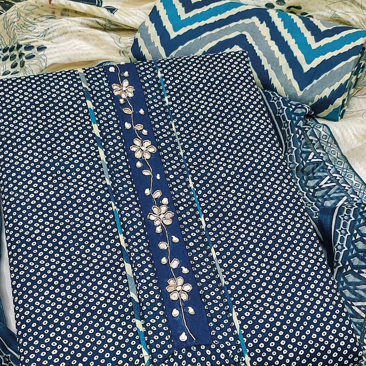 Elegant Blue Bandhani Printed Pure Cotton Dress Material Enhanced With Delicate Floral Handwork