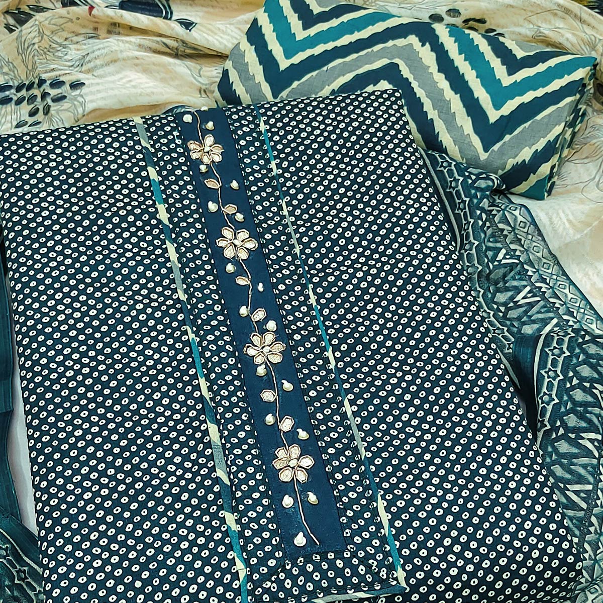 Elegant Teal Bandhani Printed Pure Cotton Dress Material Enhanced With Delicate Floral Handwork