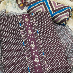 Elegant Wine Bandhani Printed Pure Cotton Dress Material Enhanced With Delicate Floral Handwork