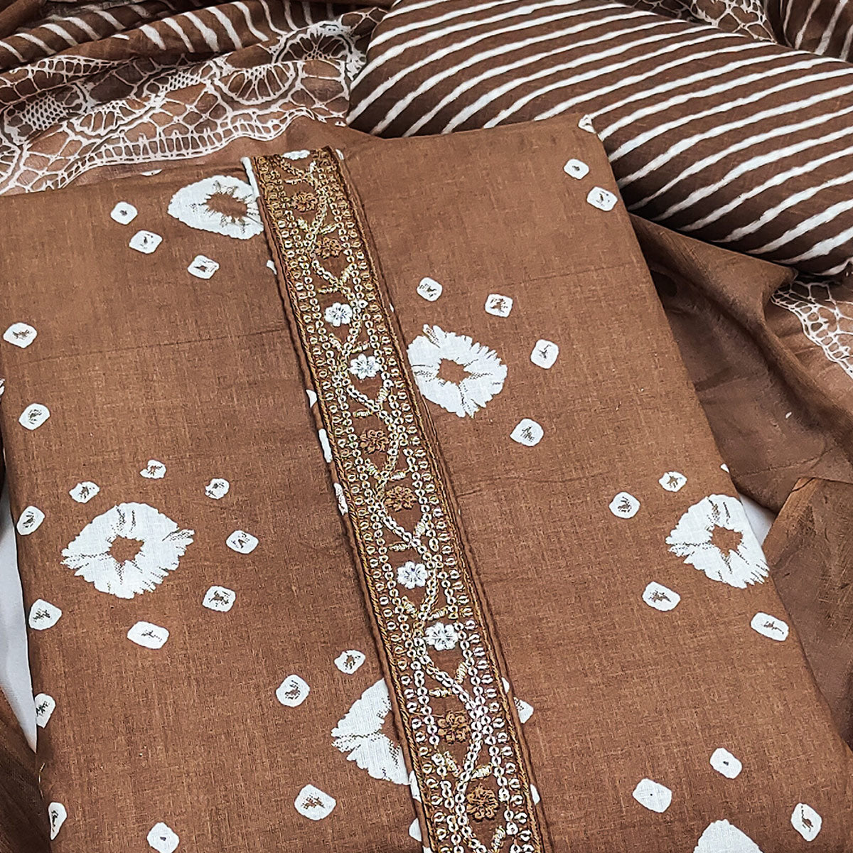 Classic Brown Bandhani Print Pure Cotton Dress Material Accented With Floral Sequins Embroidery