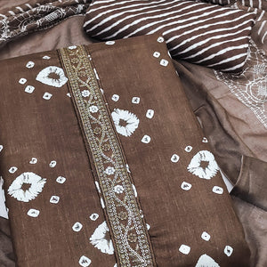 Classic Dark Brown Bandhani Print Pure Cotton Dress Material Accented With Floral Sequins Embroidery