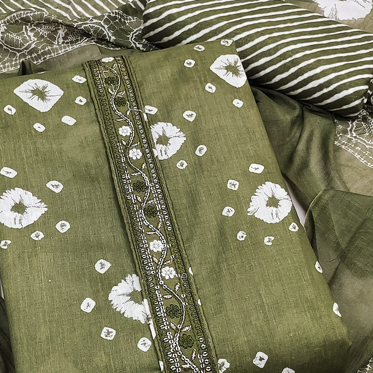 Classic Green Bandhani Print Pure Cotton Dress Material Accented With Floral Sequins Embroidery