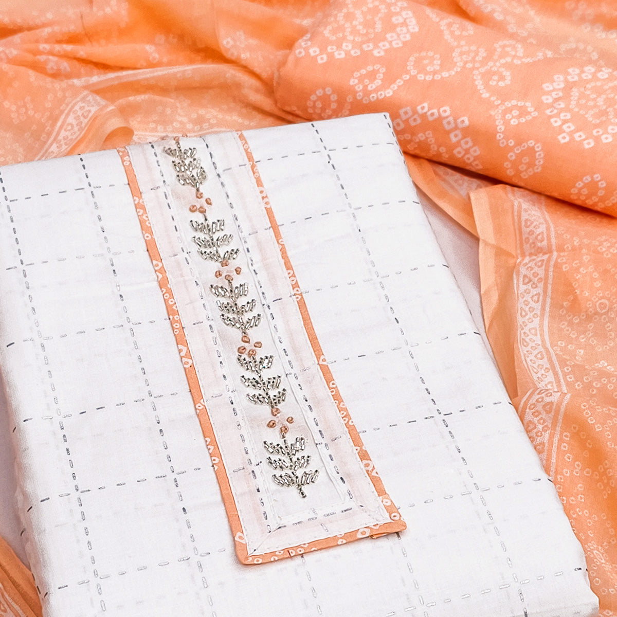 Elegant White & Orange Checks Printed Pure Cotton Dress Material With Delicate Handwork Accents