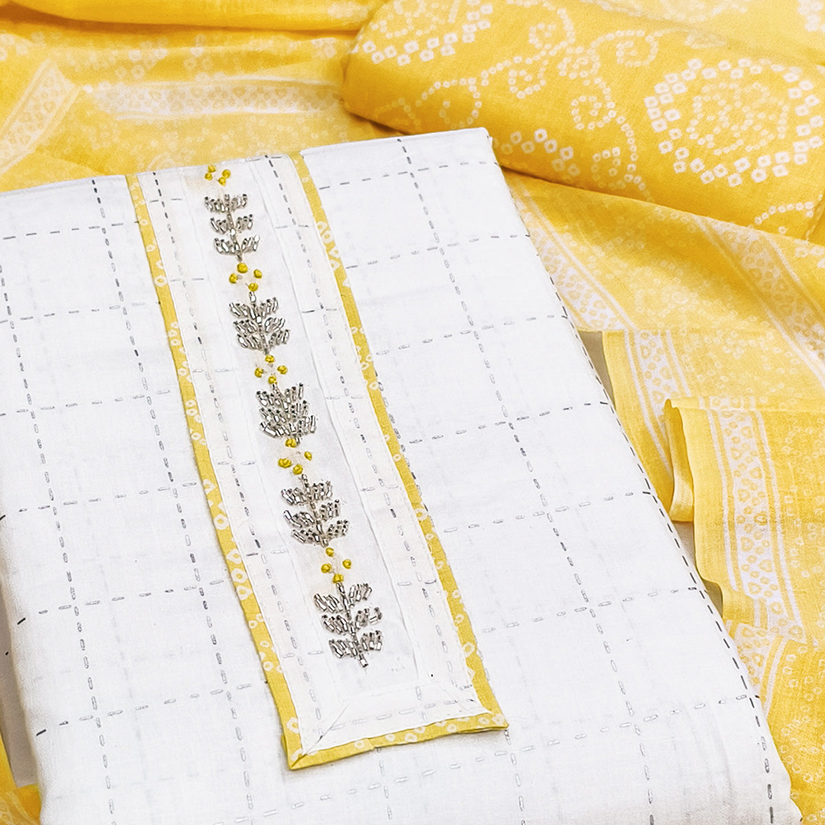 Elegant White & Yellow Checks Printed Pure Cotton Dress Material With Delicate Handwork Accents