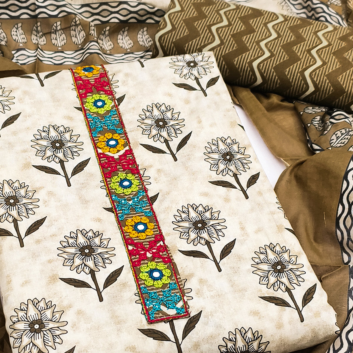 Premium Beige Floral Printed Pure Cotton Dress Material Accented With Thread Embroidery On Neckline