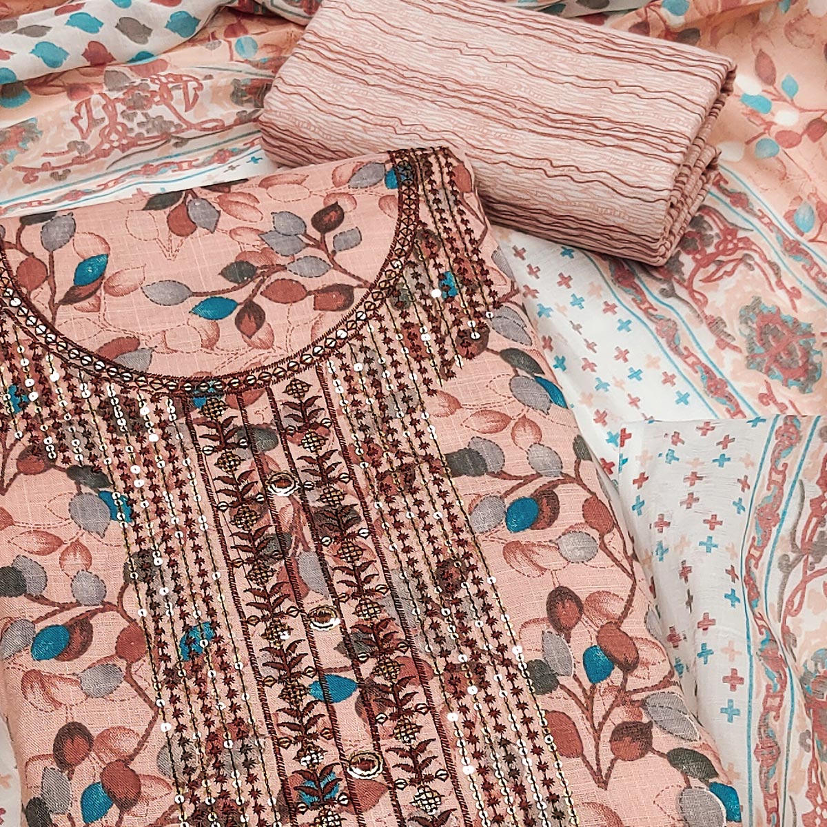 Peach Floral Printed With Sequins Embroidered Pure Cotton Dress Material
