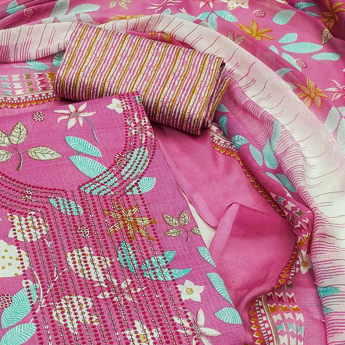 Pink Floral Printed With Sequins Embroidered Pure Cotton Dress Material