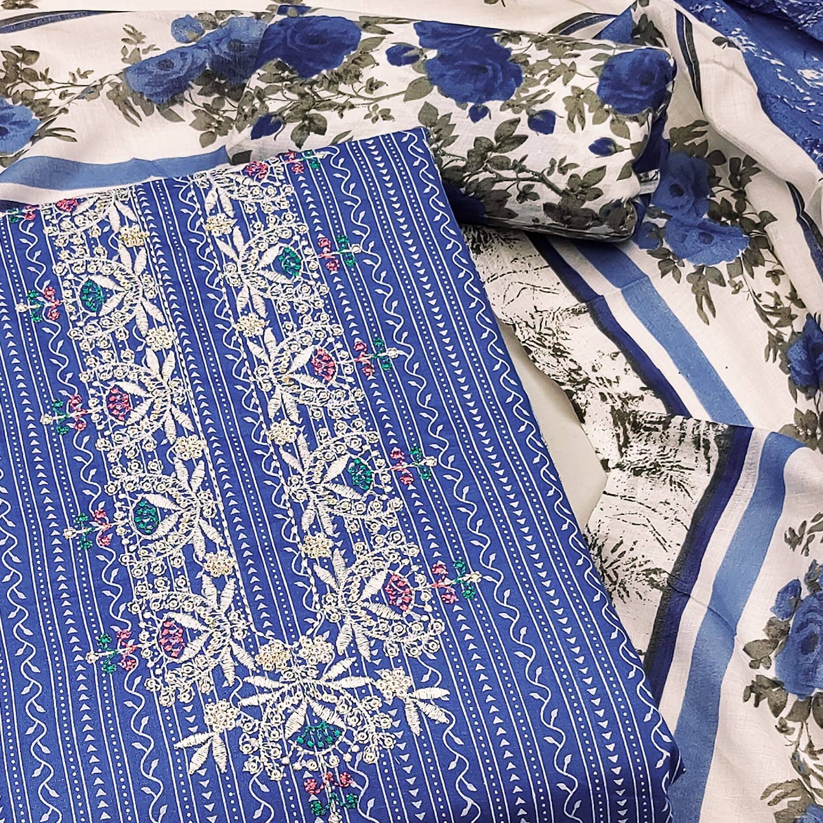 Blue Embroidered With Printed Pure Cotton Dress Material