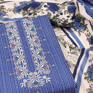 Blue Embroidered With Printed Pure Cotton Dress Material