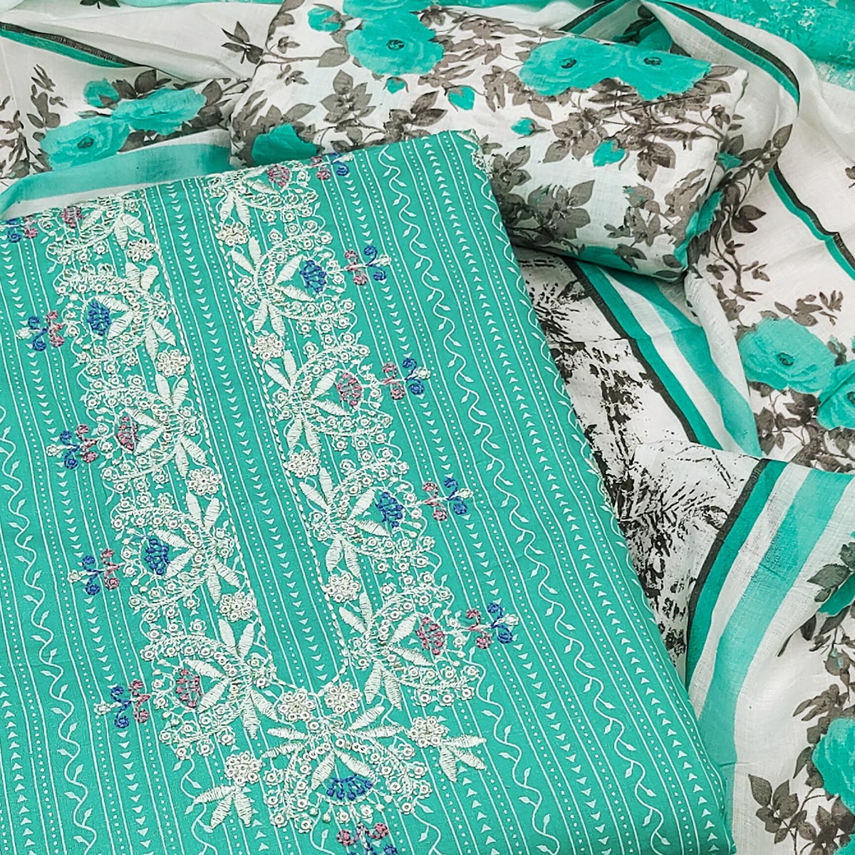 Turquoise Embroidered With Printed Pure Cotton Dress Material