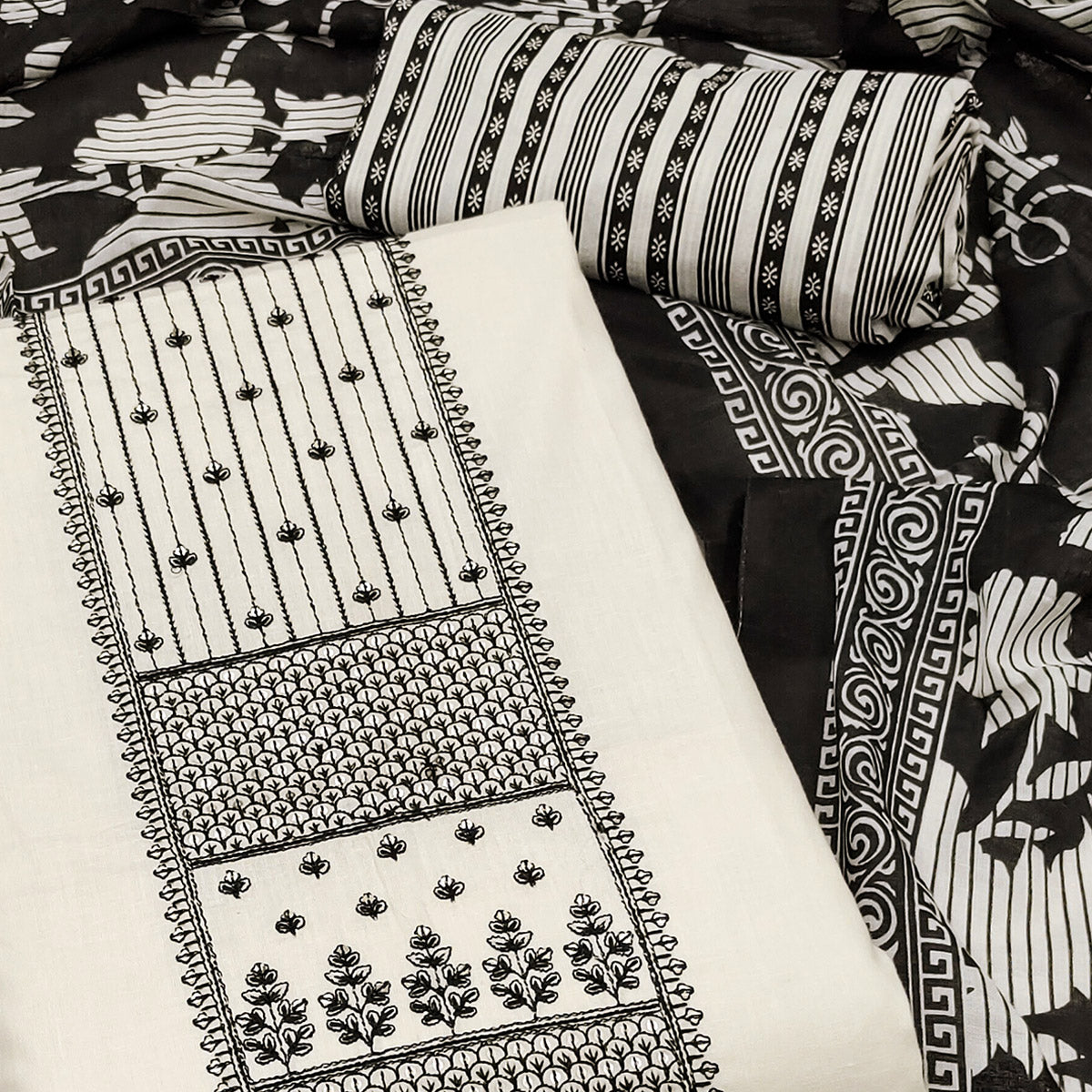 Off white Floral Embroidered Pure Cotton Dress Material
