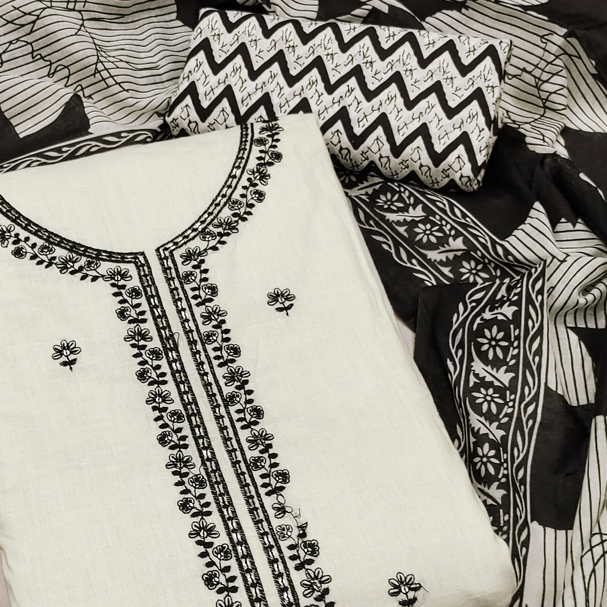Off white Floral Embroidered Pure Cotton Dress Material