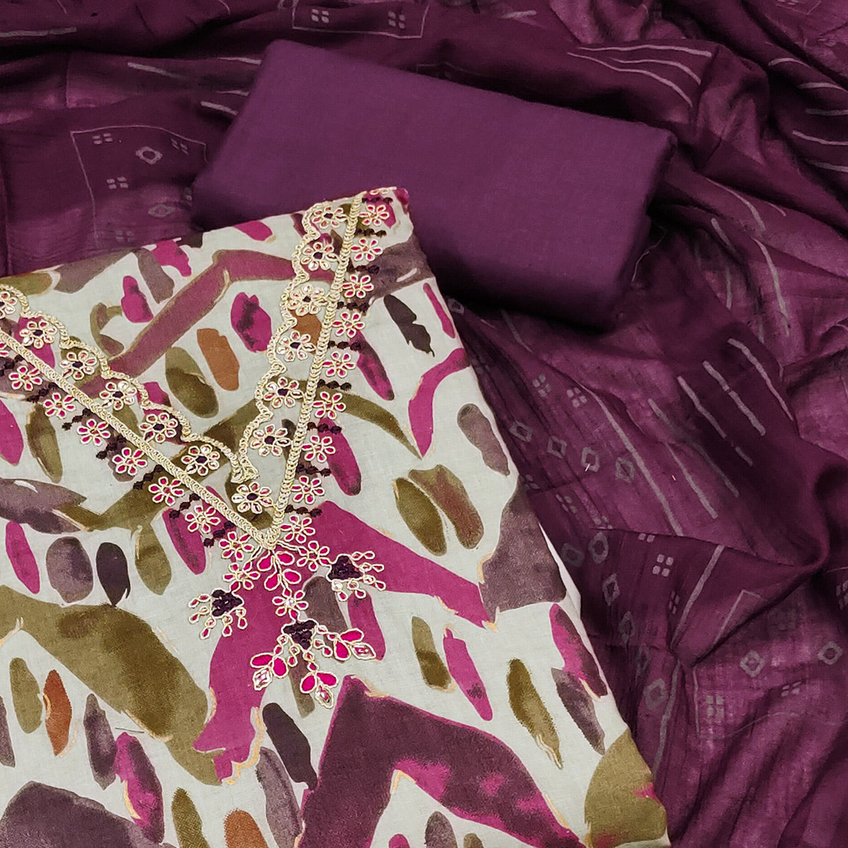 Purple Printed With Embroidered Pure Cotton Dress Material