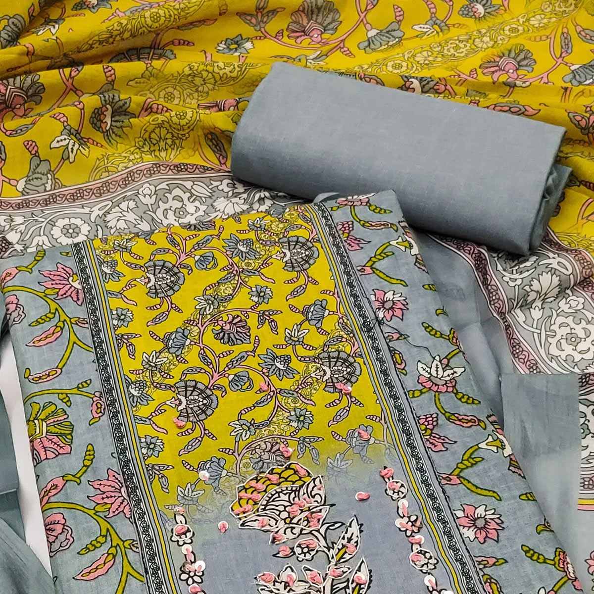 Grey Floral Printed Pure Cotton Dress Material With Elegant Sequins Embroidery