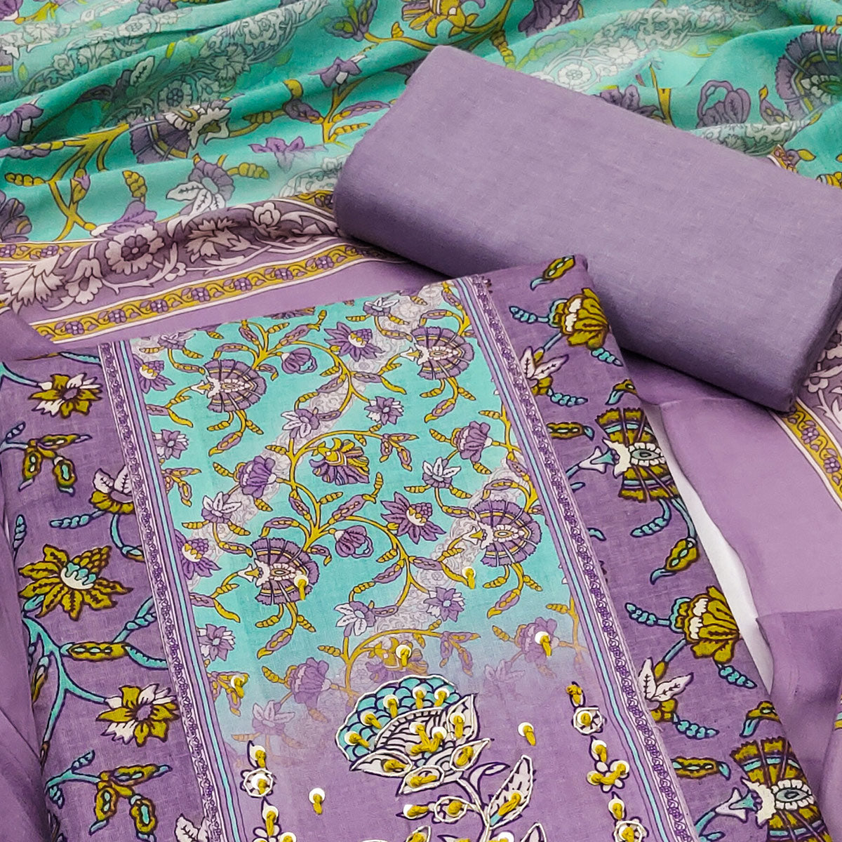 Lavender Floral Printed Pure Cotton Dress Material With Elegant Sequins Embroidery