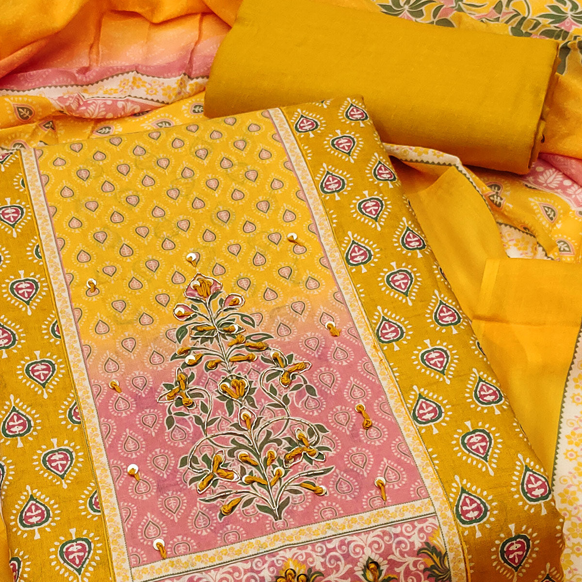 Mustard Pure Cotton Dress Material Accented With Sparkling Sequin Embroidery Work