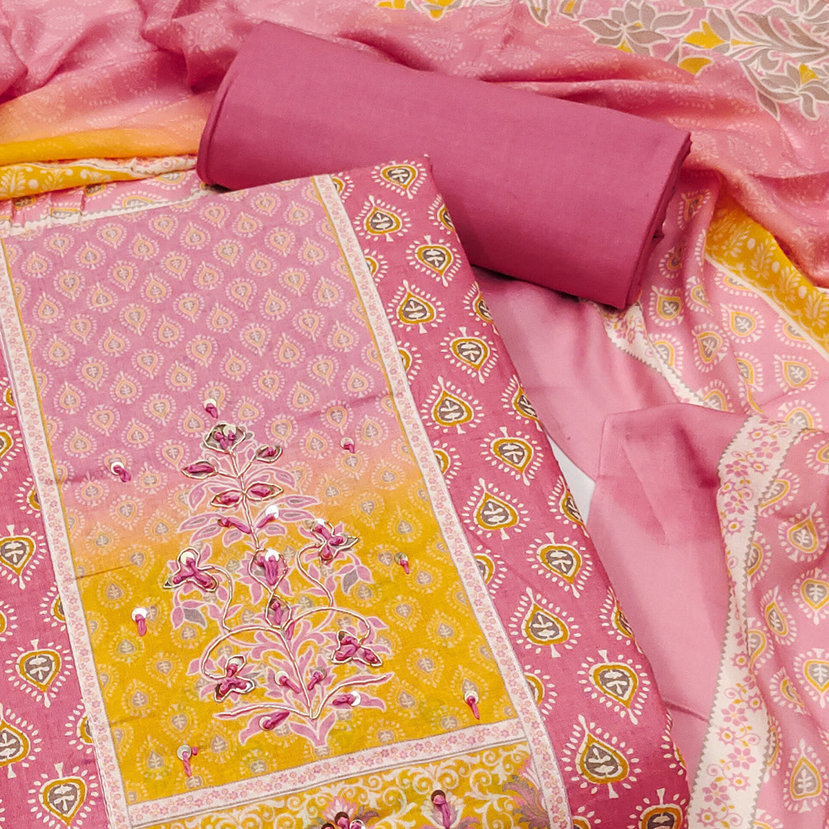 Pink Pure Cotton Dress Material Accented With Sparkling Sequin Embroidery Work